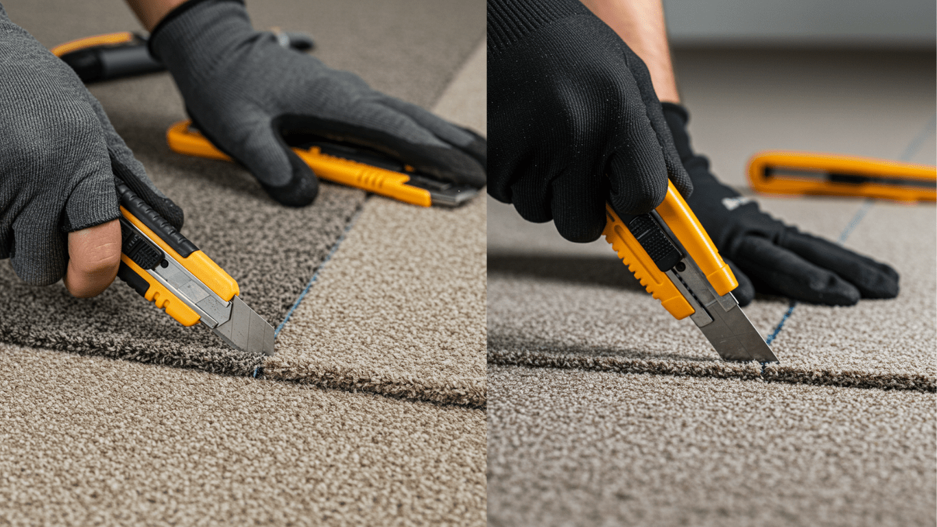 A close-up photorealistic scene of a flooring professional carefully trimming carpet edges near a seam. The worker holds a sharp utility knife angled precisely to make a clean cut without damaging the carpet fibers. The texture of the carpet is clearly visible, with clean, dense fibers and no fraying. A gloved hand gently presses down on the carpet for control, showing a soft, deliberate motion. In the background, a dull utility blade lies discarded, contrasting the sharp one in use. The lighting is bright and even, highlighting the precision and care taken to preserve the carpet's appearance.