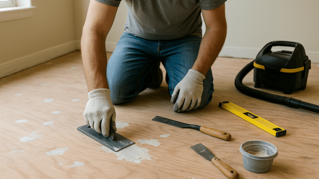 A realistic indoor scene showing a home renovation process with a construction worker kneeling and preparing a subfloor for carpet installation. The old flooring has been removed, exposing clean plywood or concrete. The worker is using tools like a floor scraper or vacuum to clean the surface. Nearby are tools such as a utility knife, tape measure, and adhesive bucket. Natural light enters through a window, casting soft shadows, and the room looks like a typical modern bedroom or living room under renovation.
