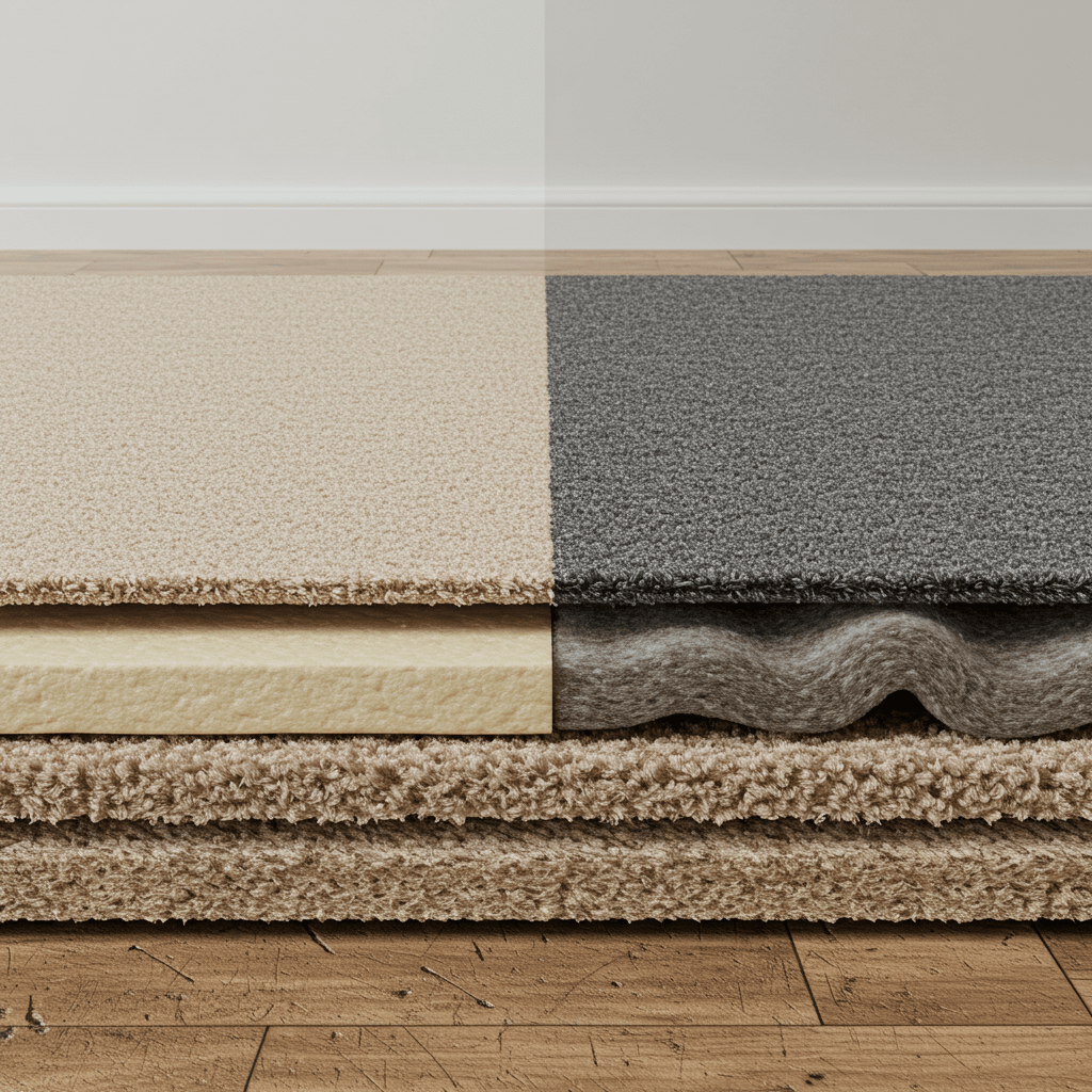 A photorealistic cross-section image showing a side view of carpet installed over different types of padding, focusing on how padding affects the carpet’s performance and longevity. One side of the image shows thick, dense padding beneath the carpet, creating a smooth, cushioned, well-supported appearance. The other side shows thin or low-quality padding, resulting in carpet that appears uneven, wrinkled, or worn down.