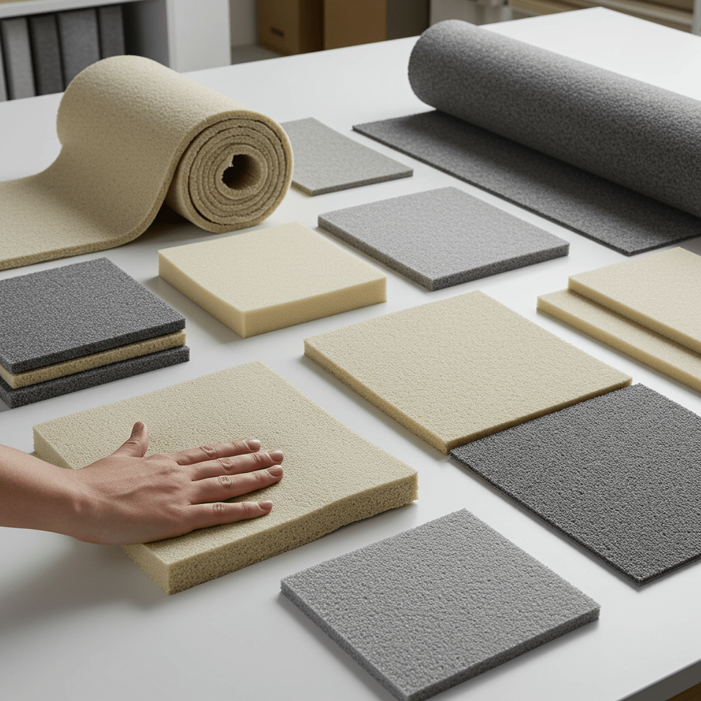 A high-resolution, photorealistic image of various foam carpet padding types neatly displayed on a clean surface. The padding pieces are cut into sample squares or rolls, showcasing differences in texture, density, and color.