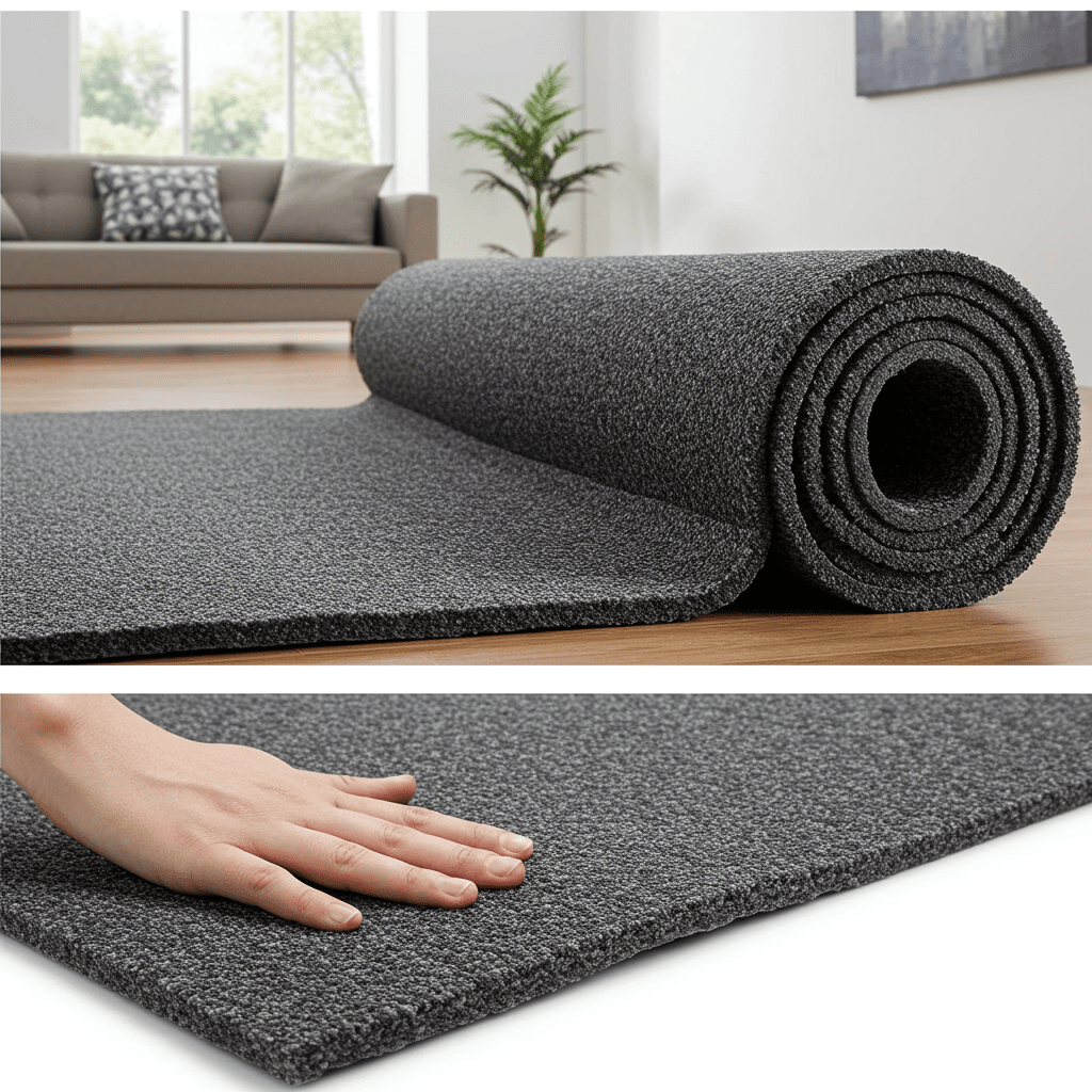 A photorealistic image showcasing thick rubber carpet padding in a clean, professional setting. The padding is dark gray or black with a textured or waffle-like surface, unrolled partially to show its structure and density.