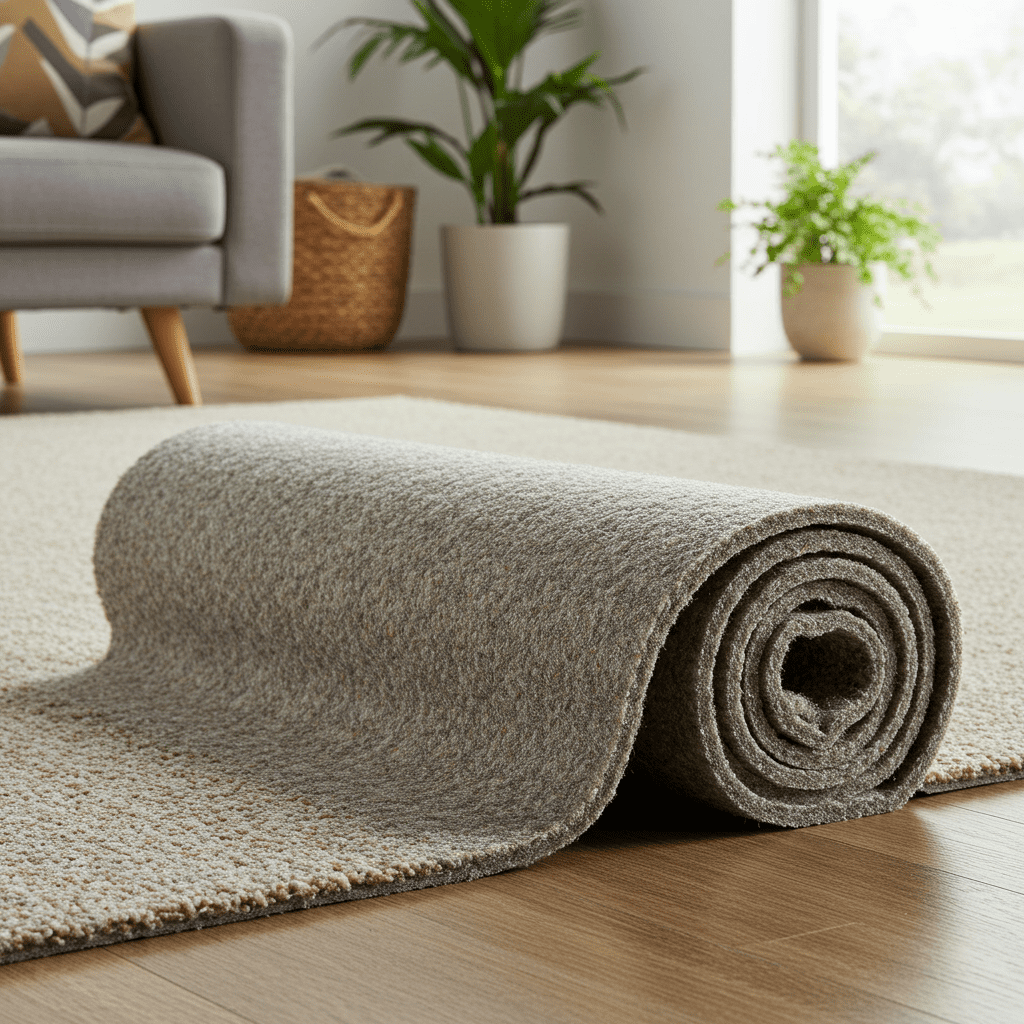 A photorealistic image of fiber carpet padding made from natural or recycled materials, laid out in a clean indoor setting. The padding has a dense, felt-like appearance with subtle color variations—typically gray or tan with visible fiber textures.