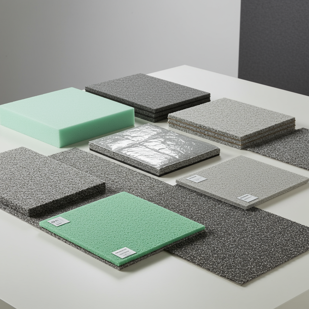 A photorealistic display of various specialized carpet padding types arranged neatly on a flat surface. The image includes samples of memory foam (smooth and dense), moisture barrier padding (shiny or layered with a film-like surface), anti-microbial padding (labeled with a subtle green or medical-themed hue), and sound-absorbing underlay (thicker, dense material with a matte finish).
