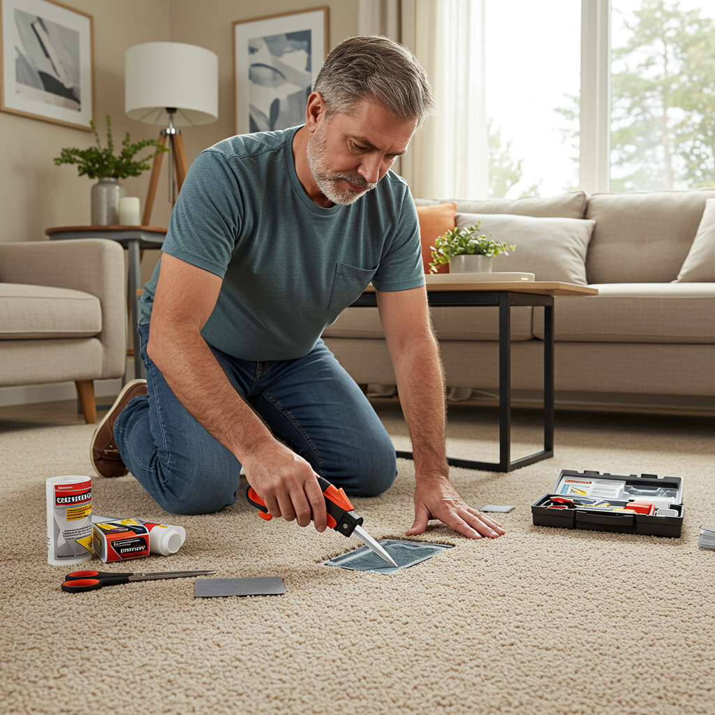 A realistic photo of a middle-aged man kneeling on the floor, carefully fixing a small carpet burn. He is using a carpet repair kit with tools like scissors, adhesive, and a carpet patch.