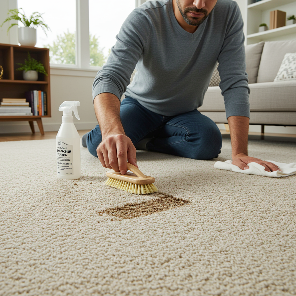 A photorealistic image of a man gently cleaning a small surface burn on a carpet using household tools. The burn is minor, with only slight discoloration on the carpet fibers.
