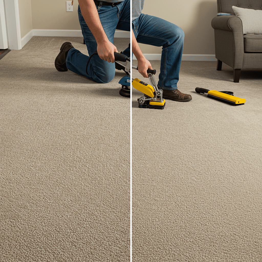 A photorealistic, side-by-side image showing the process and effect of carpet stretching in a home interior. One half of the room shows a carpet with visible ripples, loose fabric, or buckling—suggesting the need for stretching. The other half shows the same area after stretching: smooth, flat, and properly tensioned.