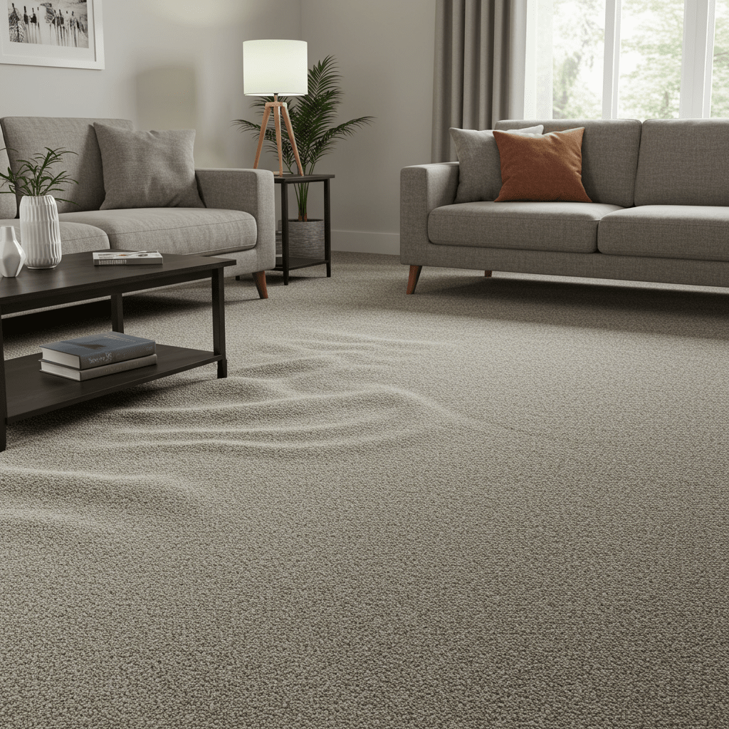 A photorealistic image showing a lived-in room with clear visual signs that the carpet needs professional stretching. The carpet has visible ripples and waves across its surface, especially in open areas. One corner of the carpet is slightly lifted or loose, no longer sitting flush against the floor. A piece of furniture, like a chair or coffee table, is uneven due to the flooring's irregular surface. In high-traffic zones, the carpet looks slightly worn or stressed.