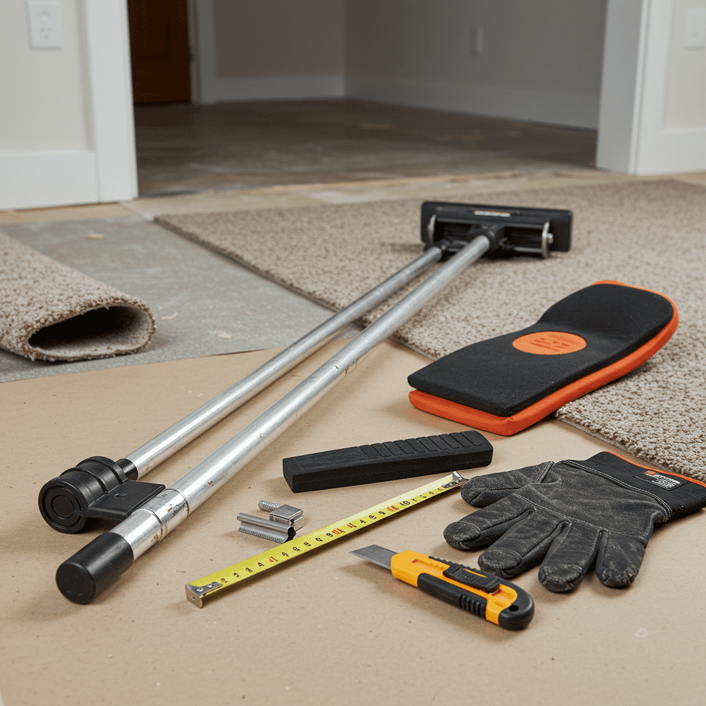 A photorealistic image of a neatly arranged set of carpet stretching tools on a clean work surface, ready for use in a home flooring project. The scene includes a carpet stretcher with a long extension pole, a knee kicker with padded grip, a utility knife with a sharp retractable blade, a measuring tape partially extended, and a pair of well-used protective gloves. The tools are positioned thoughtfully, with soft natural lighting casting gentle shadows and highlighting textures—metal, rubber, fabric, and plastic.