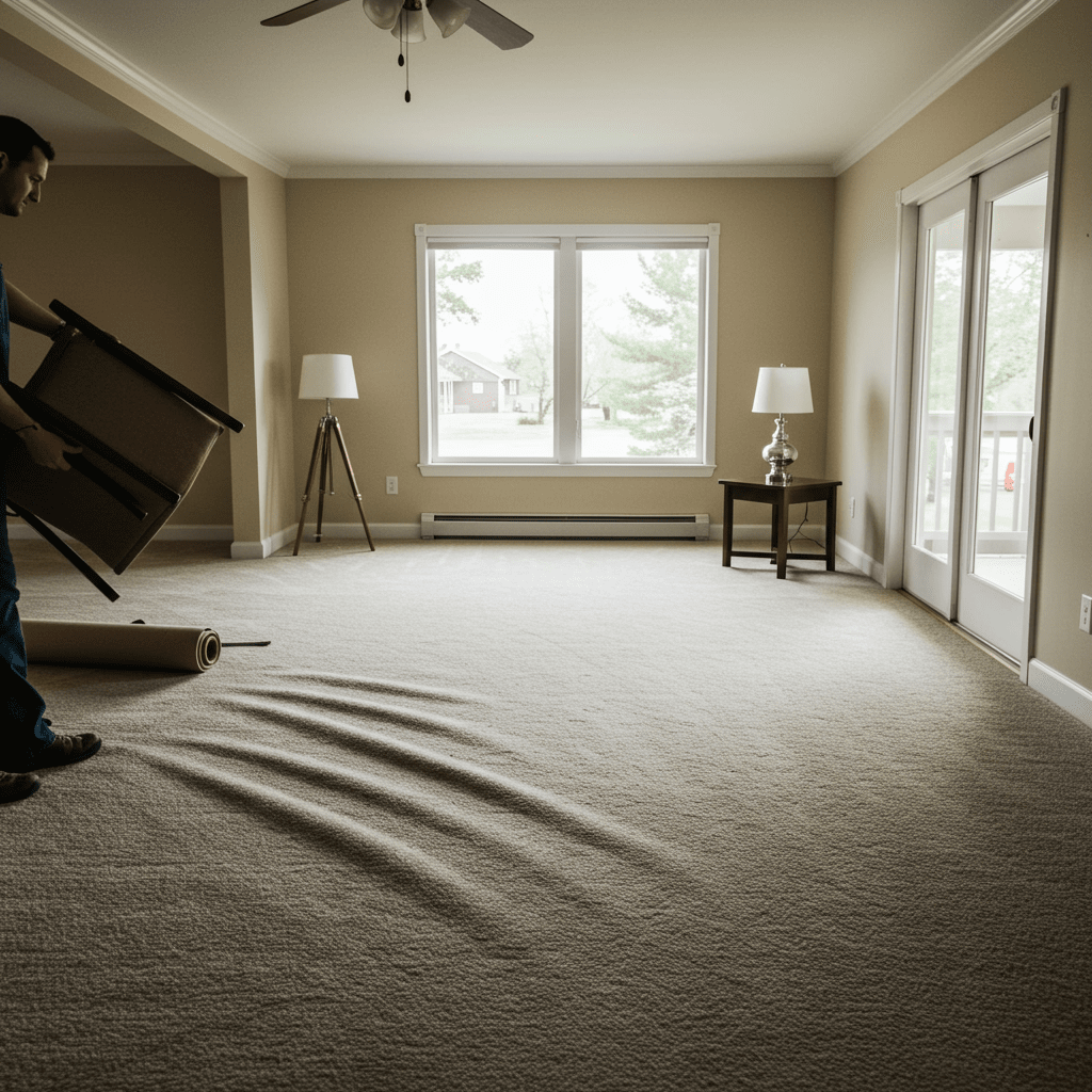 A photorealistic image of a nearly empty room with one or two remaining pieces of furniture being moved out. A person is seen gently lifting or sliding a chair or small table, while the rest of the room is already cleared—exposing the full carpeted floor. The carpet shows slight ripples or wrinkles, signaling the need for stretching. Natural light filters in through windows, casting soft shadows across the floor. The space feels calm and orderly, with only a few light objects (like a rolled-up rug, lamp, or small box) left behind to hint at the clearing process. The walls and decor are neutral, keeping the visual focus on the open carpet area and the act of clearing. High detail and realistic textures bring authenticity to the scene, showing it as a typical home in mid-preparation for carpet stretching.