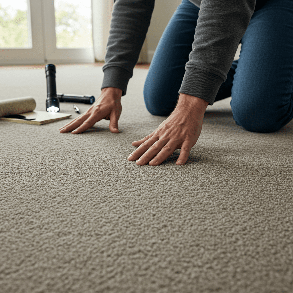 A high-resolution, realistic image of a person kneeling on a carpeted floor, closely inspecting the surface with their hand gently smoothing over visible ripples or wrinkles. The focus is on their interaction with the carpet—fingers tracing a loose seam or pointing toward a small tear. The room is softly lit with natural daylight coming through a nearby window, creating an inviting but practical workspace atmosphere. Nearby, a flashlight, notepad, and small inspection tools like a seam roller or magnifying glass suggest a thorough evaluation is underway. The carpet has a neutral tone, subtly showing flaws like minor rippling, loose edges, and frayed seams without appearing excessively worn or dirty. The background is clean and minimal to maintain focus on the inspection process.