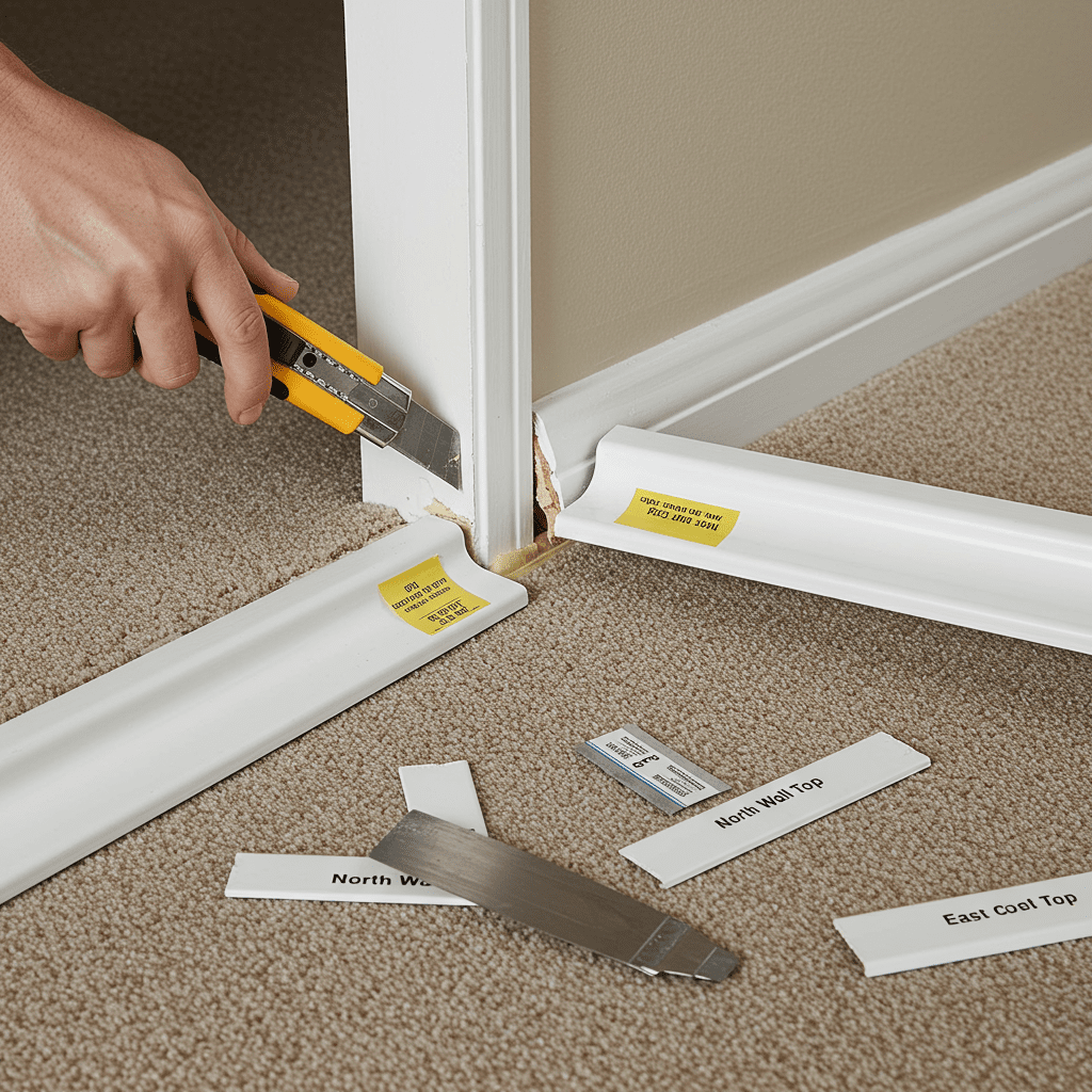 A realistic close-up image of a person carefully removing a white baseboard from a wall in a carpeted room. The scene shows a utility knife slicing the caulk line between the baseboard and wall, with a putty knife or small pry bar gently wedged behind the trim. Natural daylight softly illuminates the area, highlighting the detail of the carpet edge and wall junction. A few loosened baseboard pieces are laid neatly on the side, each marked with small painter's tape labels like "North Wall Top" or "East Corner." The wall has a neutral paint color, and the carpet is clean with a visible edge slightly lifted from the floor, preparing for stretching. The atmosphere is clean, calm, and focused on precision and care.