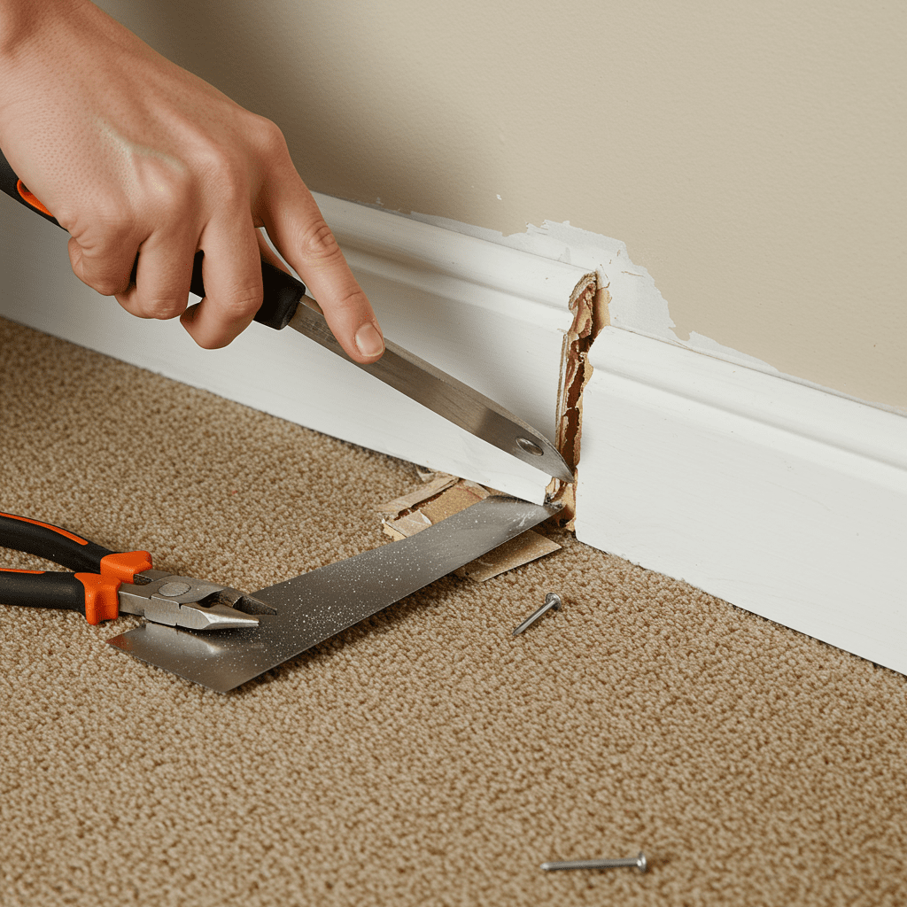 A realistic close-up of a home improvement scene showing a person using a flat pry bar and a putty knife to remove a baseboard without damaging the wall. The putty knife is visibly placed behind the pry bar, acting as a buffer against the painted drywall. The hand applies slow, even pressure, gently lifting the baseboard away from the wall. Soft lighting reveals a clean, carpeted floor and a neutral-colored wall. A small section of the trim is partially detached, and a pair of needle-nose pliers rests nearby, hinting at the careful removal of hidden nails. The focus is on detail, care, and preventing scratches or dents during the carpet stretching prep.