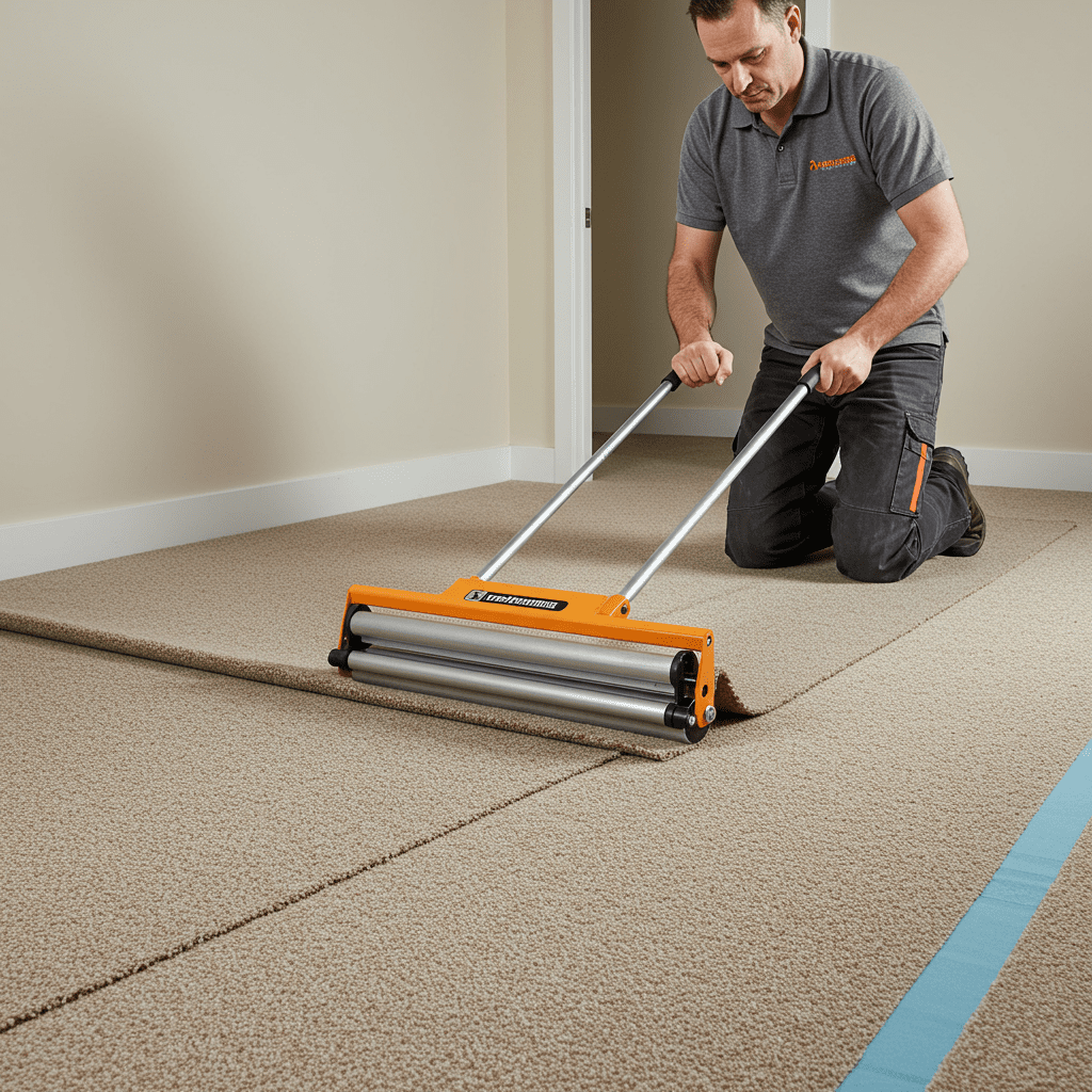 A realistic home interior scene showing a man using a professional carpet stretcher to remove ripples from a wall-to-wall carpet. The carpet stretcher is fully extended across a mid-sized room, with its head braced against one wall and the tailpiece extended to the opposite side. The man is kneeling beside the stretcher, applying downward pressure to the handle, demonstrating controlled force. The carpet shows visible improvement—one side flat and tight, the other side still slightly rippled. The room is well-lit with natural light, and tack strips along the perimeter are visible where the carpet is being anchored. The focus is on precision, clean tools, and expert handling for carpet stretching.