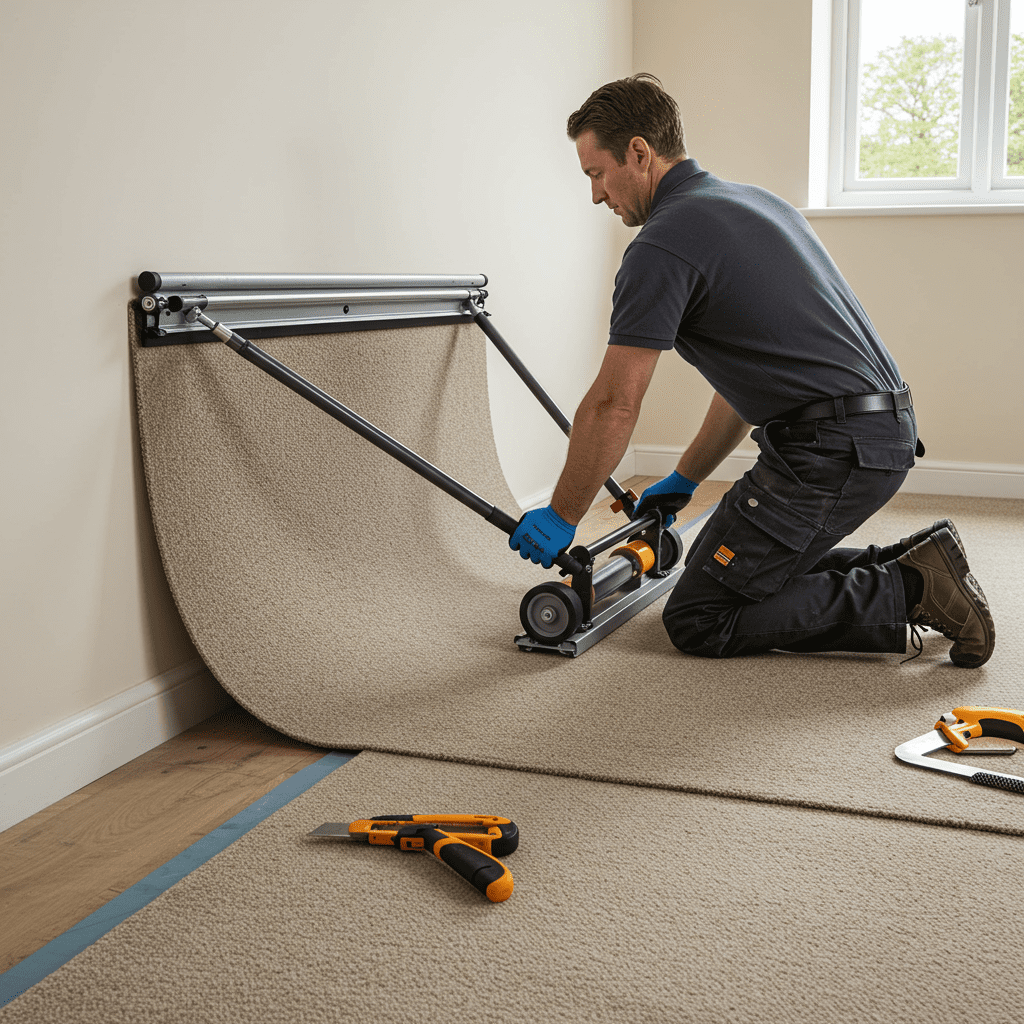 A high-resolution, photorealistic image of a carpet stretching scene inside a residential room. The carpet stretcher tool is positioned from wall to wall—its head braced firmly against one wall and its telescoping pole extending across the room. A professional kneels beside the stretcher, pressing down on the handle to apply controlled tension. The carpet is visibly tighter on the side being stretched, with remaining ripples on the opposite side. Tack strips are exposed at the edge, and the installer is in the process of anchoring the carpet securely to them. The room features natural lighting from a nearby window, with minimal decor to keep the focus on the stretching process. Tools like a knee kicker and utility knife are visible nearby, laid out neatly for use.