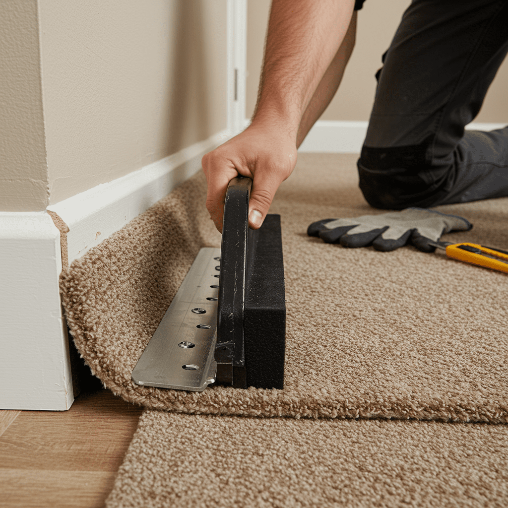 A detailed, photorealistic image of a carpet installer using a knee kicker tool in a residential room. The installer is positioned near a wall, with the metal teeth of the knee kicker set 2–4 inches from the edge of the carpet. The padded end of the tool is aligned with the installer’s bent knee as they gently push forward, creating tension in the carpet. The carpet is shown gripping onto tack strips at the wall’s base. The scene captures close-up textures of the carpet fibers, tack strip, and baseboard area. The surrounding room is tidy, with minimal items present to focus attention on the precise stretching technique. Nearby, tools like a utility knife and gloves rest on the floor, ready for use.
