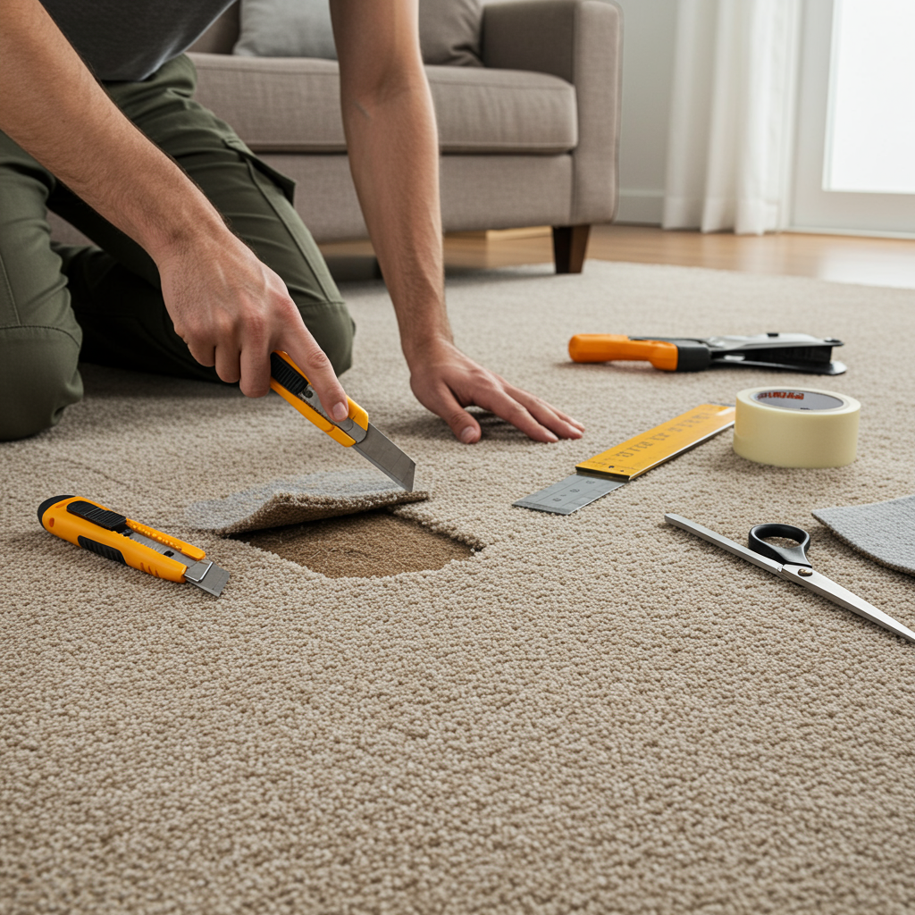 A high-resolution, photorealistic image of a man performing carpet patching to repair a moderately burned section. The damaged area is clearly visible — a dark burn mark or small hole in the carpet.