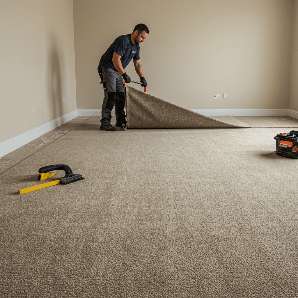 A photorealistic scene of a professional carpet installer mid-project, stretching carpet in a medium-sized residential room. The installer is positioned in the center of the room using a full-length carpet stretcher, pulling the carpet outward toward the walls. The image shows the carpet lying flat and smooth in the center, with slight wrinkles near the edges still to be addressed. A knee kicker and other tools are placed nearby, ready for detailed adjustments. The tack strips around the perimeter are visible. The lighting highlights the uniformity of the carpet texture, with no bulges or ripples in the already-stretched areas. The room is empty of furniture, showing clean baseboards and a clear working area.