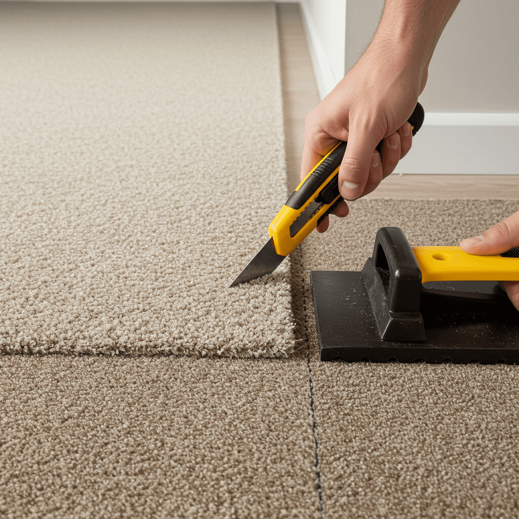 A photorealistic close-up scene of the final steps in carpet installation. A professional installer is using a sharp utility knife to trim excess carpet along the wall edge, with the blade guided carefully against a metal straightedge or the tack strip line. The freshly stretched carpet appears tight and smooth, and trimmed fibers are visible near the cut line. Next to the installer’s hand lies a carpet tucker tool, being used to push the edge of the carpet under the baseboard for a clean finish. The lighting highlights the neat transition from carpet to wall, showing no gaps, wrinkles, or fraying. Background shows a clean, empty room ready for furniture reinstallation.
