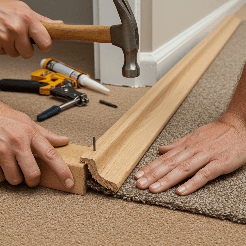 A photorealistic close-up scene of a flooring professional reattaching baseboards after carpet stretching. One hand holds a wooden baseboard aligned perfectly along the bottom of a painted wall, while the other uses a hammer to tap in a finishing nail. The nail is partially embedded, with a nail set tool nearby for countersinking. Freshly stretched carpet lies tightly beneath the baseboard, tucked neatly at the edge. A caulk gun sits in the background, with a fine bead of caulk already applied along the top edge of a previously secured baseboard. The setting is a bright, clean room, and the work is precise and professional, showing attention to detail.