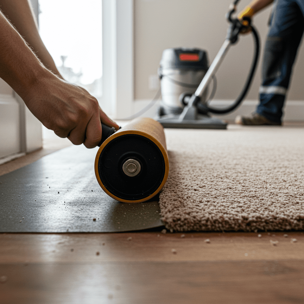 A photorealistic close-up of a freshly stretched carpet being finalized along the edge of a bright, clean room. A flooring professional uses a carpet roller to press the carpet firmly into place against tack strips. The edge is smooth and tight, with no wrinkles or air pockets. In the background, a high-powered vacuum cleaner is visible, actively cleaning up loose carpet fibers from the trimming process. The baseboard is already reinstalled, with the carpet tucked neatly beneath it. Lighting is natural, streaming through a nearby window, highlighting the texture and precision of the work.