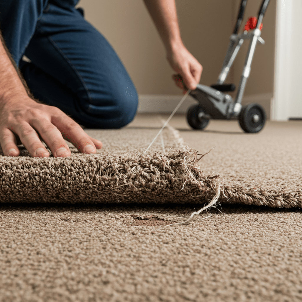 A photorealistic close-up of a carpet that has been overstretched during installation. The scene shows a flooring professional examining the damage—a section of carpet with visible strain near the backing, showing signs of tearing or fraying. The edge is misaligned, slightly pulled away from the wall, revealing a gap where the carpet should meet the baseboard. Nearby, a carpet stretcher sits in the background, hinting at excessive tension. The lighting is even, clearly highlighting the damaged area, conveying the risks of overstretching with a professional setting.