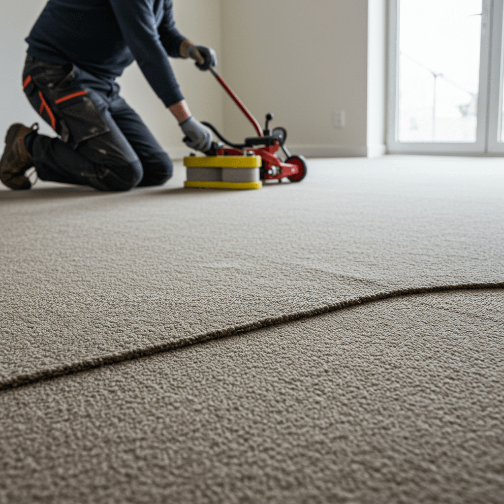 A photorealistic scene showing a close-up of a carpeted floor with clear signs of uneven tension. Ripples and minor bumps appear across the surface, especially near a corner where the carpet isn’t lying flat. A flooring professional is kneeling nearby, using a knee kicker to fine-tune the tightness along the edges. In the background, a carpet stretcher lies unused, suggesting that final adjustments are being made. The room is bright and clean, with detailed textures on the carpet highlighting the uneven areas and the effort to correct them.