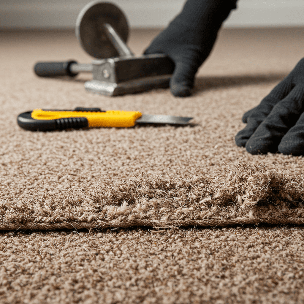 A photorealistic close-up of a carpet corner where fibers appear frayed and rough, indicating damage from improper trimming. A dull utility knife lies nearby with carpet fibers tangled around its blade. In the background, a knee kicker rests slightly askew, hinting at rough use. A gloved hand carefully holds the carpet, showing an attempt to recover the area. The carpet’s texture and pile are clearly visible, highlighting the contrast between damaged and intact sections. The scene reflects a moment of learning or repair in a professional carpet stretching job.