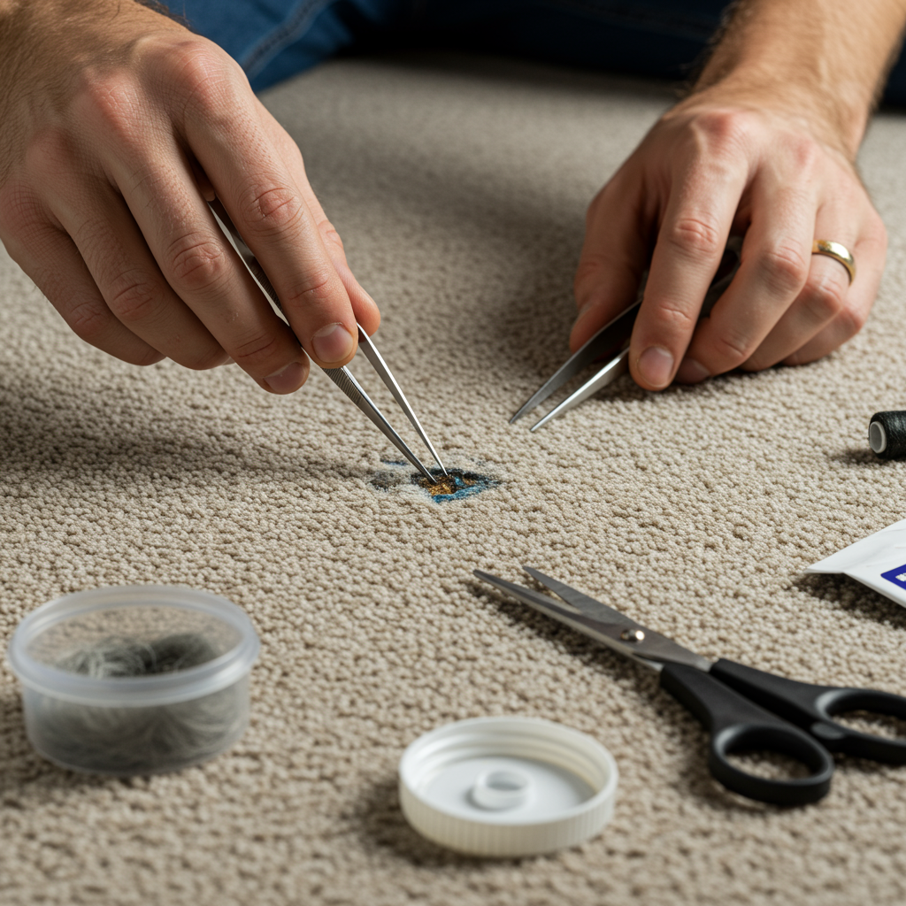 A close-up, photorealistic image of a man performing fiber transplantation on a carpet to fix a tiny burn hole.