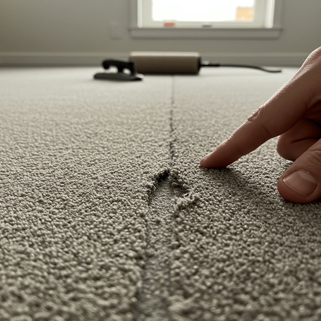 A close-up photorealistic view of a carpet seam with visible damage. Two carpet sections meet, but the seam is slightly separated, revealing the underlying seam tape and backing. The carpet fibers on both sides show mild fraying, and one side appears slightly lifted, creating a subtle ridge. Natural daylight from a nearby window highlights the uneven texture and misalignment. A hand rests beside the damaged seam, fingers pointing toward the separation, indicating inspection. In the background, a seam iron and carpet roller sit unused, suggesting the area is being assessed before repair. The room is clean and minimalist, drawing focus to the seam flaw.