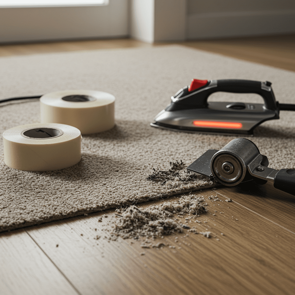 A neatly arranged, photorealistic close-up of a professional carpet seam repair kit on a clean floor. The scene includes a coiled roll of seam tape with heat-activated adhesive facing up, a seam iron with a glowing heating plate resting nearby, and a sharp carpet trimmer lying next to trimmed fibers. A seam roller with a textured metal wheel sits beside them, showing light use. The tools are positioned beside a section of carpet with a partially exposed seam, ready for repair. The setting is well-lit with natural light from a nearby window, emphasizing the clean, organized workspace and high-quality tools.