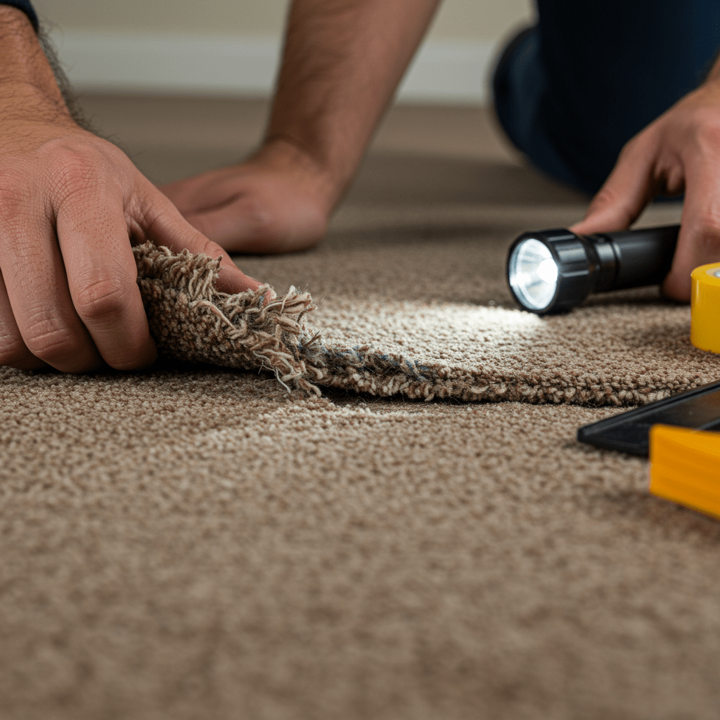 A high-resolution close-up scene of a carpet technician inspecting a damaged carpet seam. One hand gently lifts the carpet edge to reveal a visible gap between two sections—partly frayed on one side and more widely separated in the middle. A flashlight illuminates the seam area, while tools like a seam roller and seam tape sit nearby on the floor, ready for repair. The subfloor beneath the carpet is clean but slightly visible through the gap, indicating inspection. The technician’s expression is focused, assessing the seam’s condition carefully. Natural light brightens the clean indoor space, giving the scene a professional, diagnostic feel.