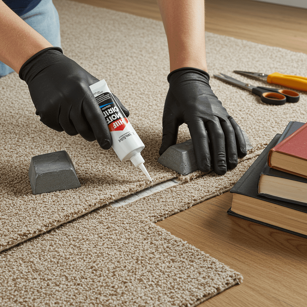 A detailed, photorealistic scene of a DIY carpet repair in progress using the cold seam method. A pair of gloved hands carefully apply a thin line of cold seam adhesive along a cleaned and trimmed carpet seam. The surrounding area is tidy, with trimmed fibers neatly aligned. The carpet edges are being gently pressed together with precision. Beside the repair area, a few hardcover books are stacked, ready to be used as weights. The setting is a clean, well-lit room with soft natural daylight, highlighting the focus on the seam. Nearby, tools such as scissors, gloves, and the adhesive tube are laid out neatly, emphasizing an organized and careful repair process.