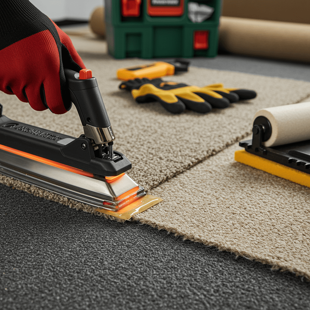 A photorealistic close-up of a carpet hot seam repair in progress. The scene shows a flooring professional using a seam iron to melt heat-activated adhesive tape positioned beneath the seam of two carpet pieces. The seam iron is halfway along the tape, emitting a slight glow, with the adhesive visibly melting. The carpet fibers around the seam are clean and neatly trimmed. A seam roller lies nearby, ready for pressing the carpet edges into place. The workspace is well-lit and organized, with a sense of precision and care. Background elements include gloves, a toolkit, and a rolled-up section of carpet indicating ongoing work.