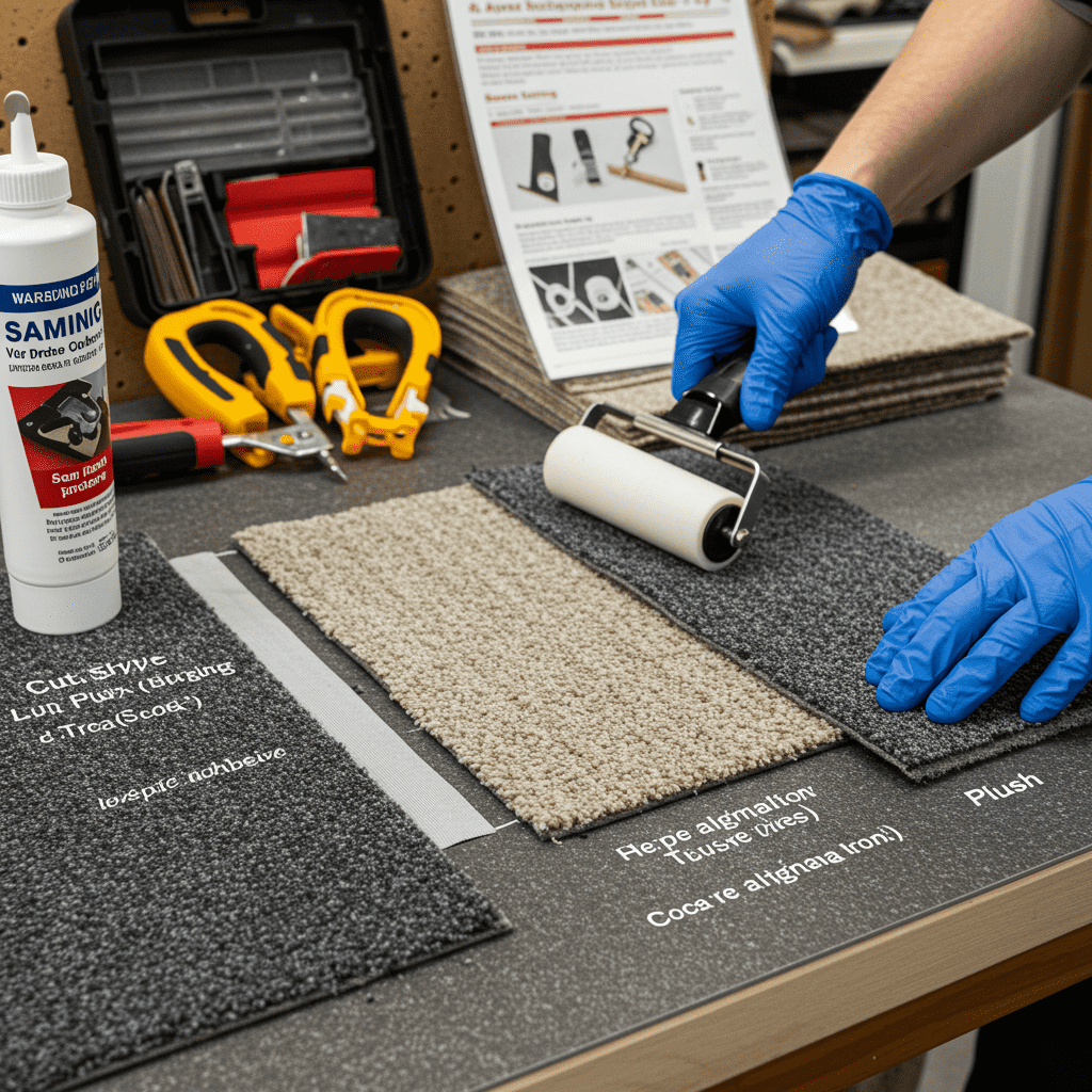 A photorealistic close-up comparing three carpet types—cut pile, loop pile (Berber), and plush—each labeled and arranged side-by-side on a workbench. A flooring professional’s gloved hand is using different tools and adhesives suited for each type: seam adhesive with a fine applicator for loop pile, a seam roller pressing two cut pile sections together, and precise alignment tools on thick plush carpet. The scene is bright and clean, with close attention to the fiber textures. Background includes tool kits, a labeled repair guide, and carpet samples.