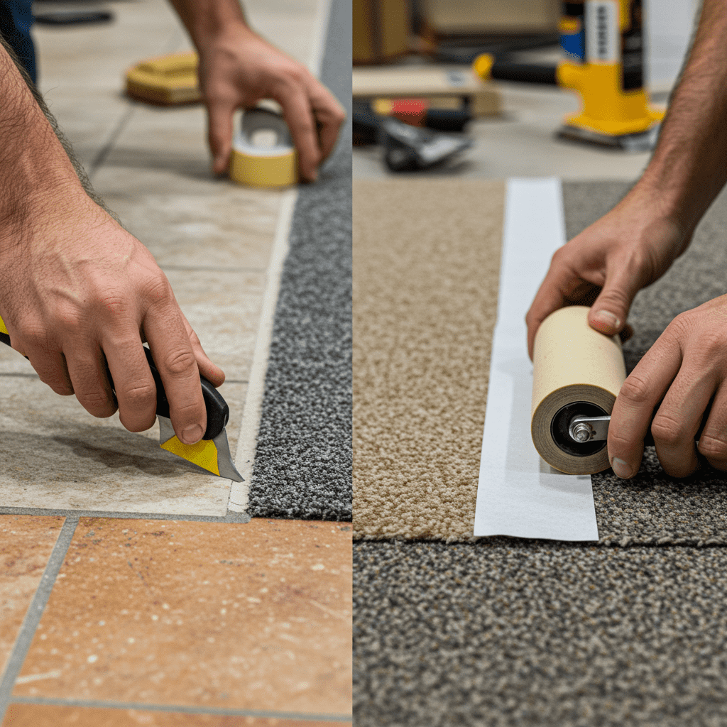 A photorealistic close-up of two carpet seam repair scenarios side-by-side. On the left, a flooring professional carefully applies adhesive to an edge seam where carpet meets tile, with painter’s tape holding the edge in place. On the right, a center seam repair is underway—seam tape is being pressed down with a seam roller, and the carpet edges are perfectly aligned. The workspace is clean and well-lit, with tools like a seam iron, adhesive tube, and trimmer visible in the background, highlighting precision and craftsmanship.
