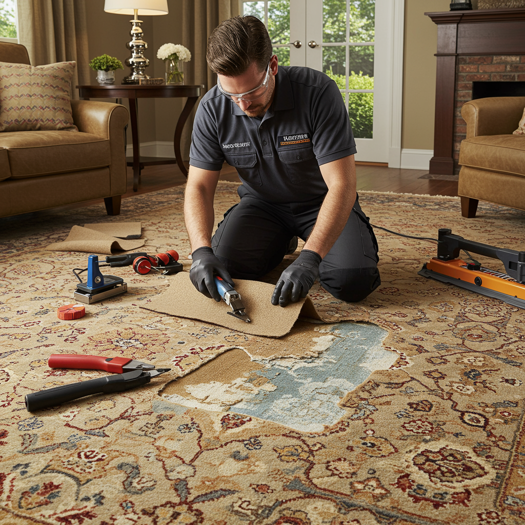 A highly detailed, photorealistic image of a professional carpet technician repairing a large or intricate burn on a patterned or high-end carpet.