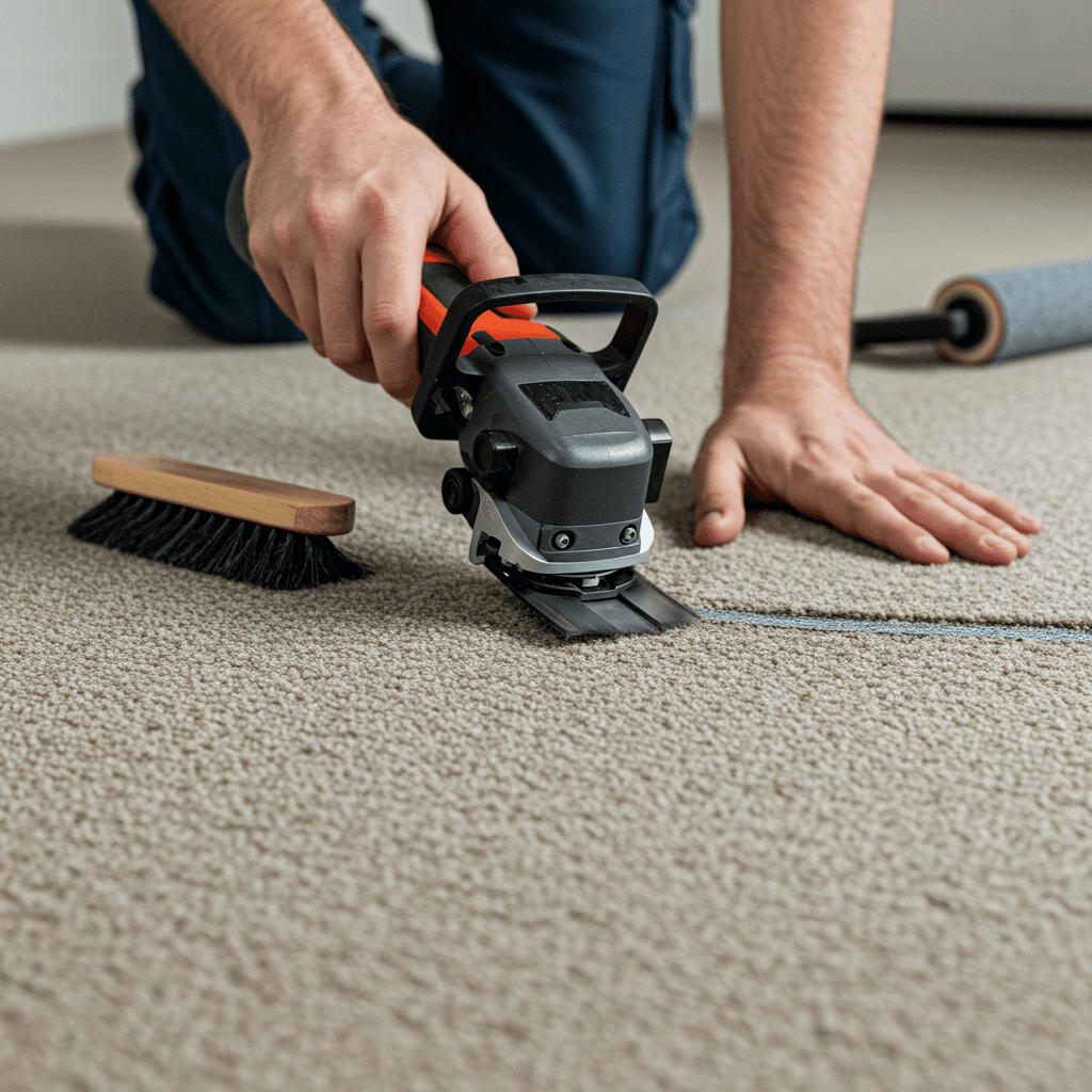 A photorealistic close-up of a flooring technician trimming excess fibers along a freshly repaired carpet seam using a precision carpet trimmer. Nearby, a small brush is being used to gently blend the carpet fibers, making the seam nearly invisible. The technician’s hands are gliding over the seam to check for smoothness, while a seam roller rests within reach, ready for final adjustments. The surrounding carpet looks clean and uniform, highlighting expert-level attention to detail in a well-lit room.
