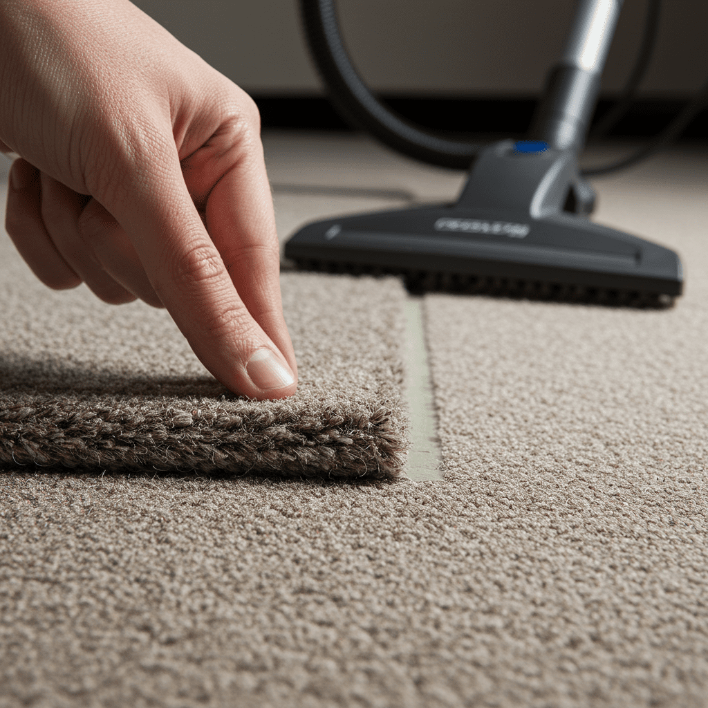 A photorealistic close-up of a freshly repaired carpet seam being inspected under soft, angled lighting. One hand is gently tugging at the edge of the seam to check adhesion, while a vacuum cleaner sits nearby, having just aligned the fibers for a uniform look. The carpet fibers appear neat and well-blended, with no visible gaps or fraying. The lighting highlights the subtle texture of the carpet, helping confirm the repair is virtually invisible. The setting is clean and modern, reflecting professional-grade attention to detail.