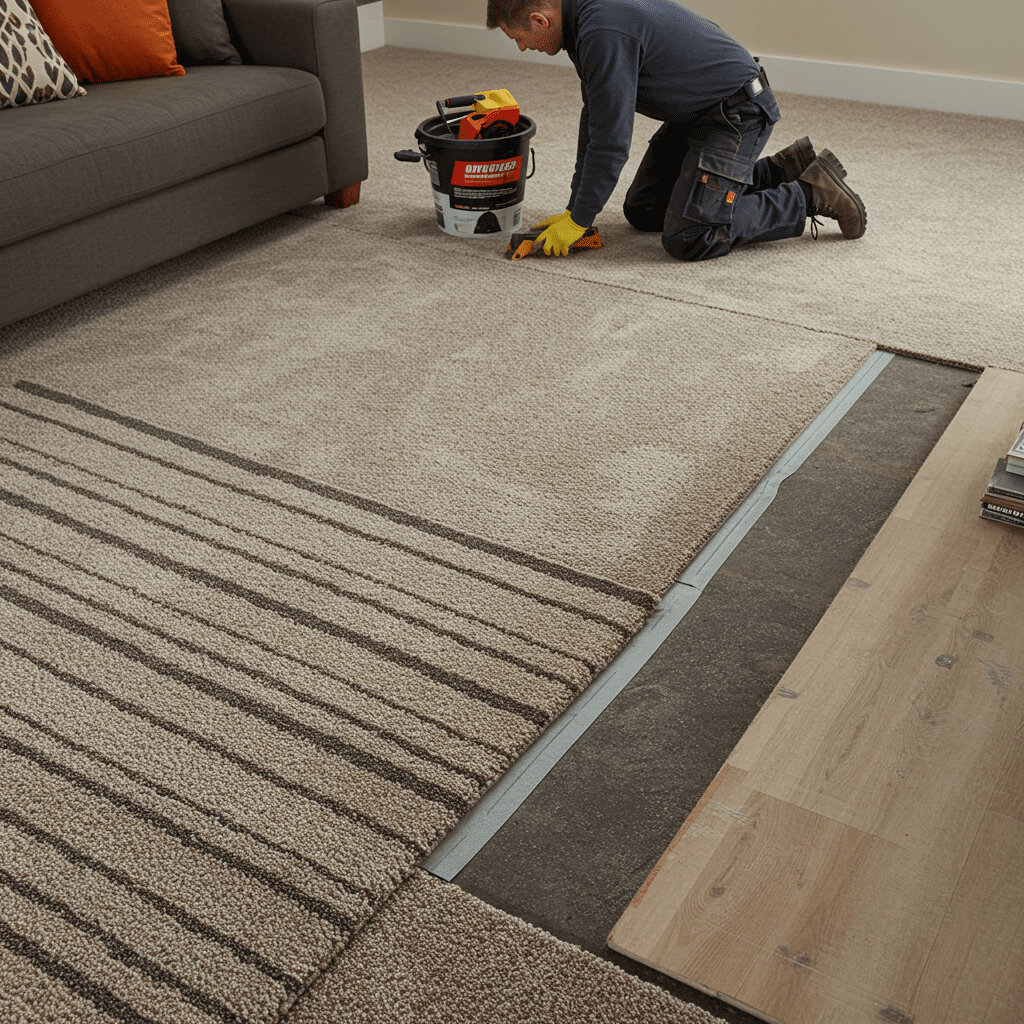 A photorealistic overhead scene of a well-maintained living room with plush carpet flooring. A stylish area rug lies over a high-traffic walkway, helping to protect the underlying carpet seam. In the background, a worker is kneeling with tools beside a lifted section of carpet, applying a strong adhesive along a seam, ensuring it’s secure. The subfloor underneath appears level and clean, showing attention to foundational stability. The space is brightly lit, neat, and designed for long-term durability.