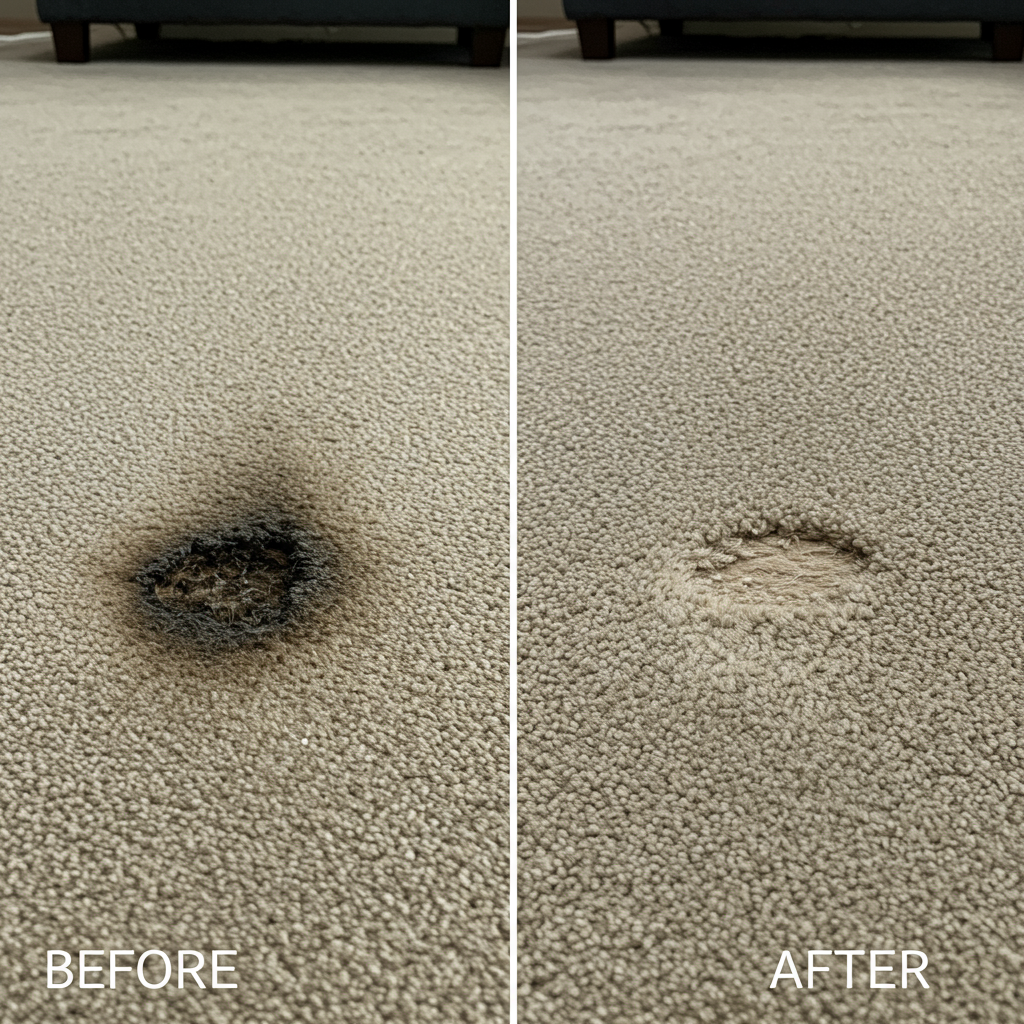 A side-by-side, photorealistic comparison showing before and after images of a carpet burn repair. The left side shows a damaged carpet with visible burn marks—either a dark scorch, melted fibers, or a small hole.