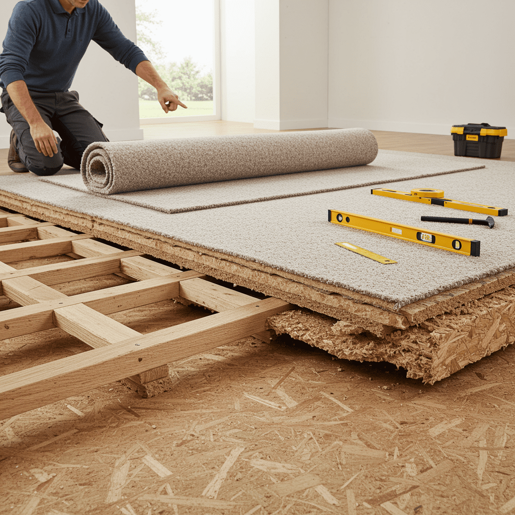 A realistic, well-lit interior scene showing a cross-section or layered view of residential flooring construction. The bottom layer features a wooden joist system, followed by a plywood or concrete subfloor layer. On top is a thin carpet padding layer, with rolled-back carpet revealing the subfloor beneath. The setting is a modern living room under renovation, with a worker pointing or gesturing to the exposed subfloor. Tools like a level, measuring tape, and utility knife are scattered nearby. Emphasize the structure beneath the carpet, showing the importance of subflooring.
