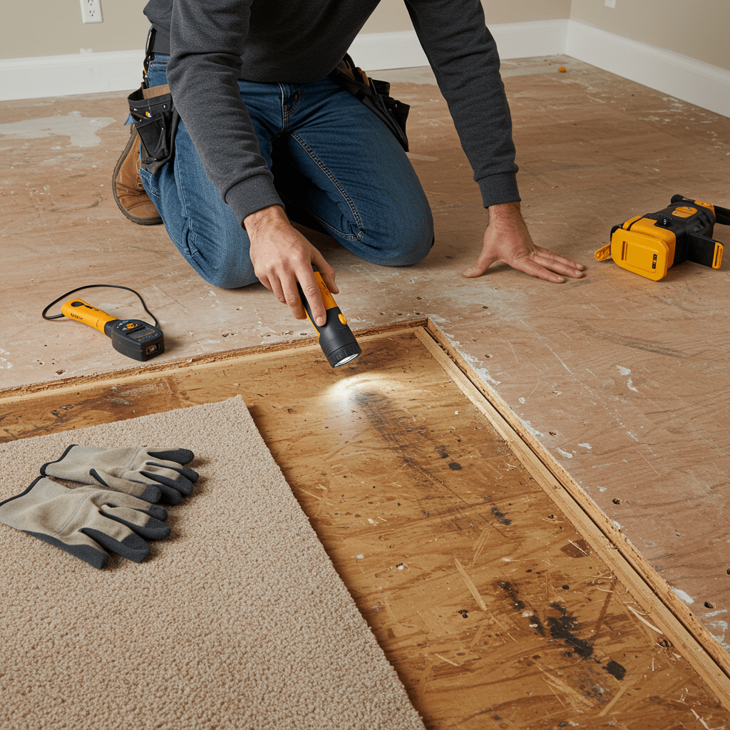 A realistic, high-resolution indoor scene showing a worker or homeowner kneeling down and closely inspecting a plywood or concrete subfloor in a partially renovated room. The carpet has been pulled back, exposing the subfloor surface. The subfloor shows minor visible issues like small stains, slight warping, or a few uneven seams. The person uses a flashlight or moisture meter, and nearby tools like a crowbar, gloves, and knee pads are visible.
