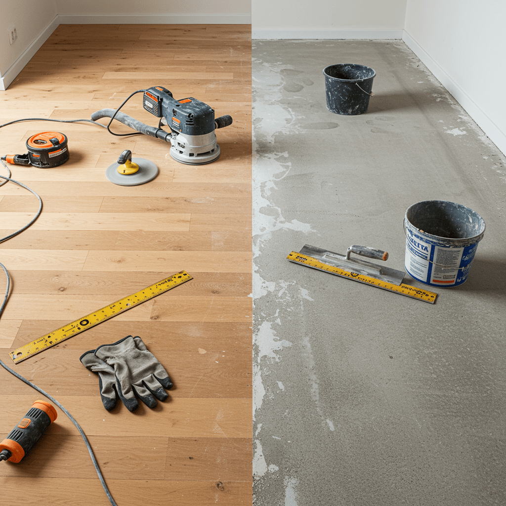 A detailed indoor scene showing a homeowner or contractor working on subfloor leveling in a renovation setting. One half of the room shows a wooden subfloor being sanded with a power sander and patched with a compound, while the other half shows a concrete subfloor being prepared with a self-leveling compound being poured and spread with a trowel. Nearby tools include a straightedge, bucket, gloves, and knee pads.