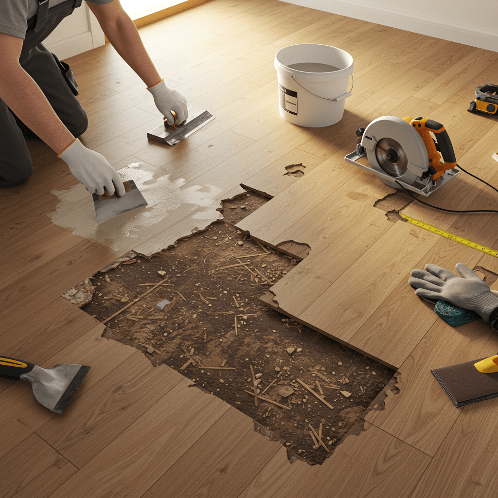 A realistic indoor renovation scene showing a worker repairing a damaged subfloor. On one side, the worker uses a putty knife to apply patching compound to small cracks and holes on a wooden subfloor. On the other side, a section of rotted subfloor has been cut out with a circular saw, exposing floor joists, with a replacement wood panel being measured and fitted.
