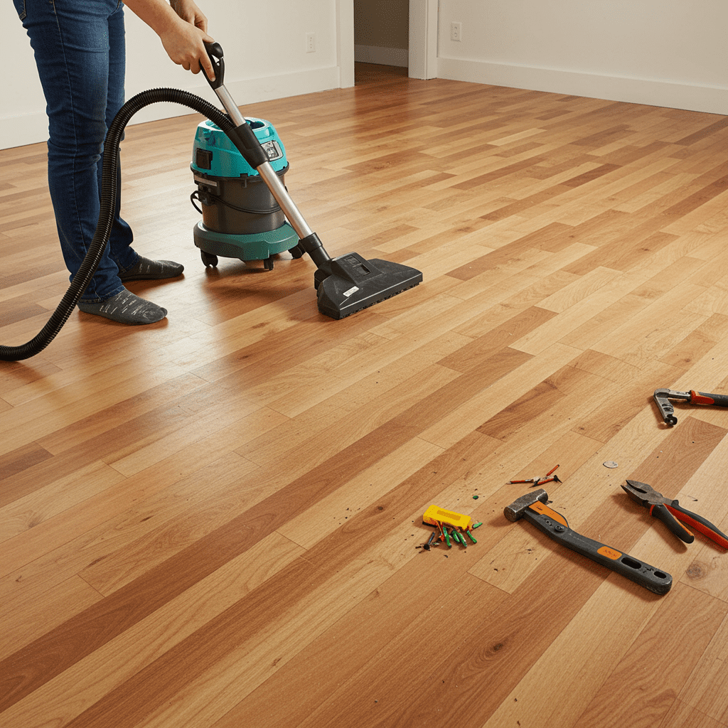 A detailed indoor scene of a person cleaning a wooden subfloor before carpet installation. The surface is spotless and clear of debris, with a vacuum cleaner (preferably a HEPA-filter type) being used along the edges and corners of the room. The subfloor is free of nails or staples, with a few hand tools (like pliers and a hammer) lying nearby. Lighting is natural and soft, showing the clean, even surface. No labels or text in the image.