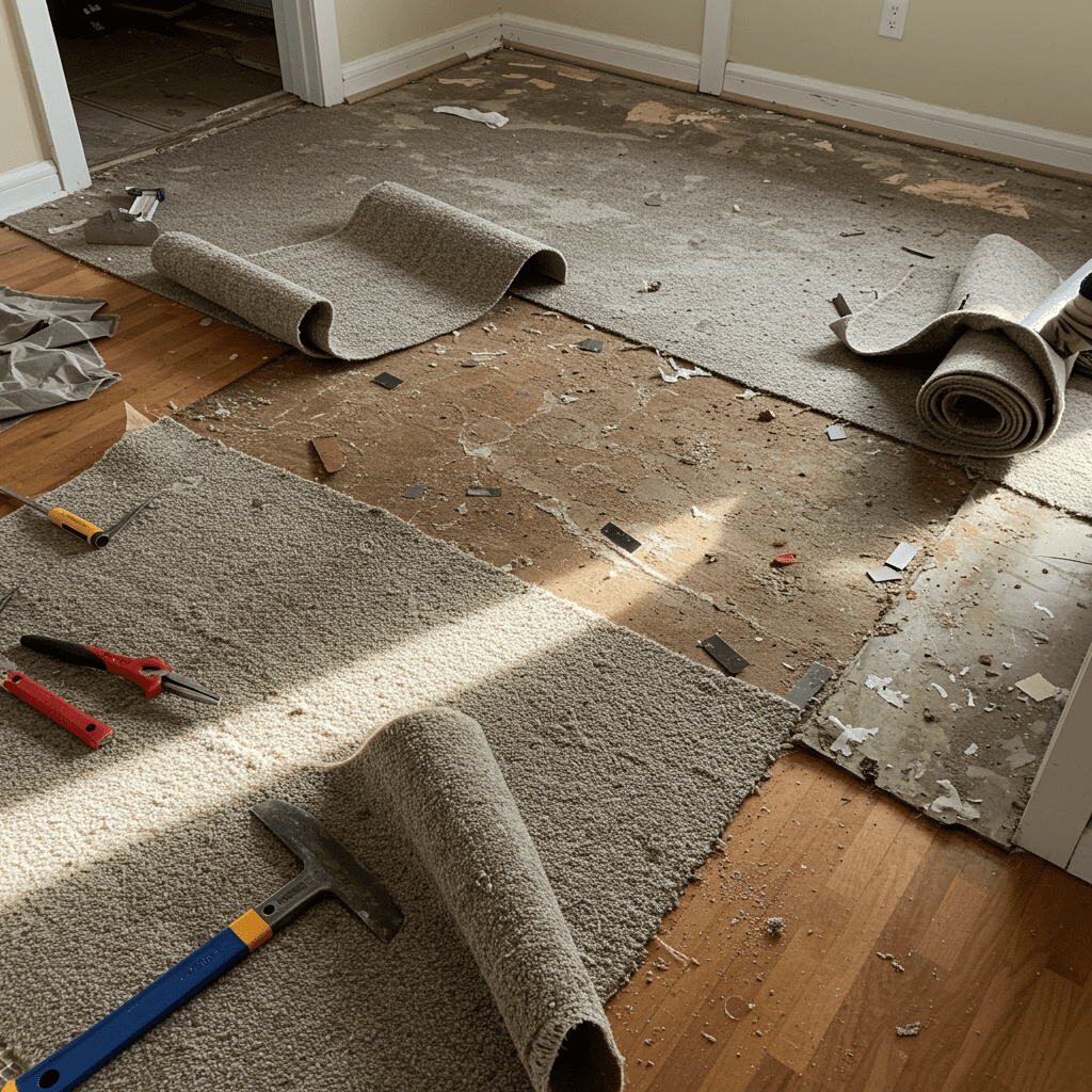 A realistic indoor scene showing a person in the process of removing old carpet from a floor. The carpet is partially peeled back, cut into strips, with some rolled pieces off to the side. The subfloor beneath is exposed, with a few remaining staples and tack strips. Tools like a pry bar and pliers are visible on the floor. Natural lighting reveals the work in progress, and the space is tidy, focused on the task. No labels or text in the image.