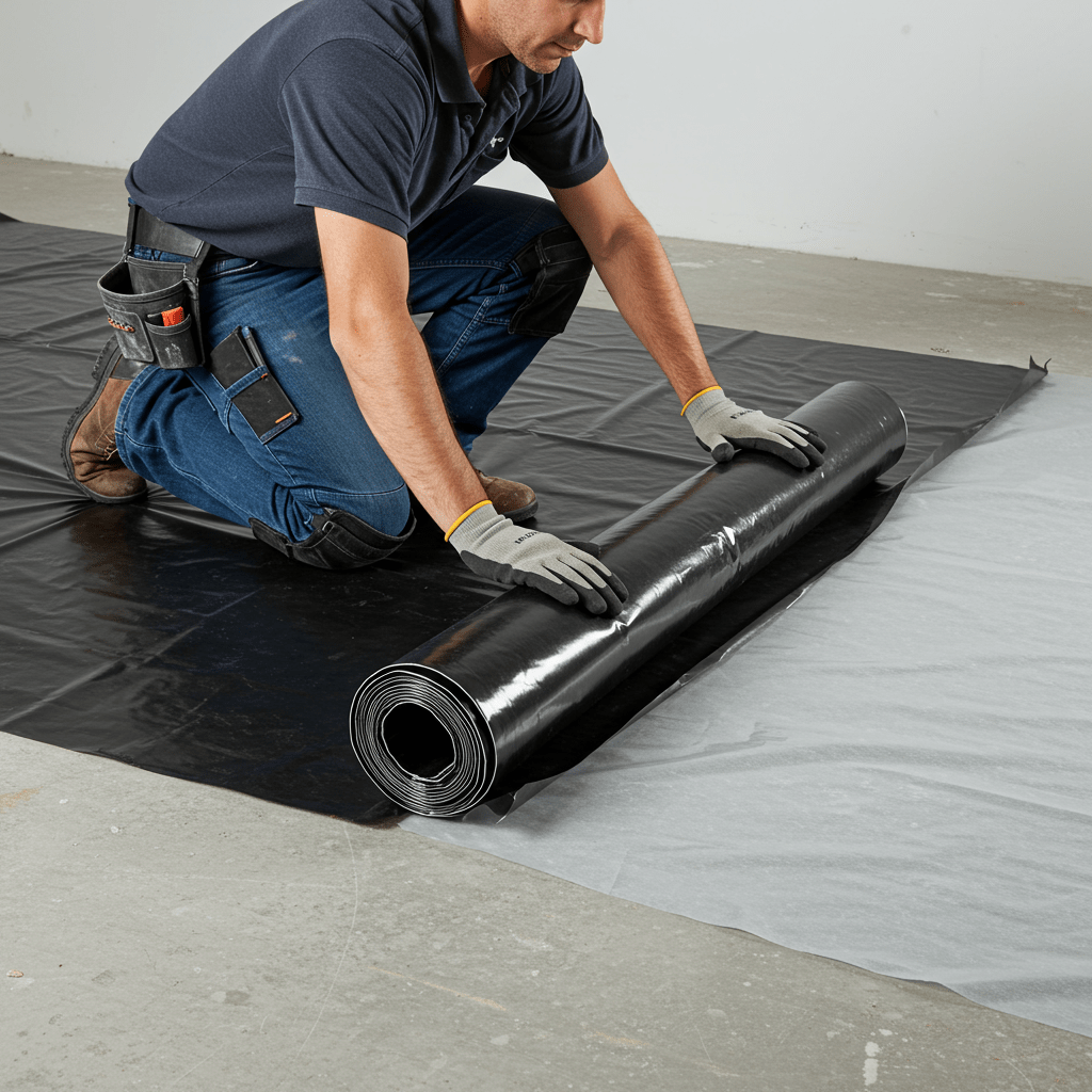 A realistic scene showing a worker installing a moisture barrier over a concrete subfloor in preparation for carpet installation. The setting is a clean, unfinished room. A black or clear plastic vapor barrier sheet is being rolled out and smoothed with a squeegee or hands. The worker wears kneepads and gloves, focusing on covering the entire area. Natural or soft construction lighting. No text or labels in the image.