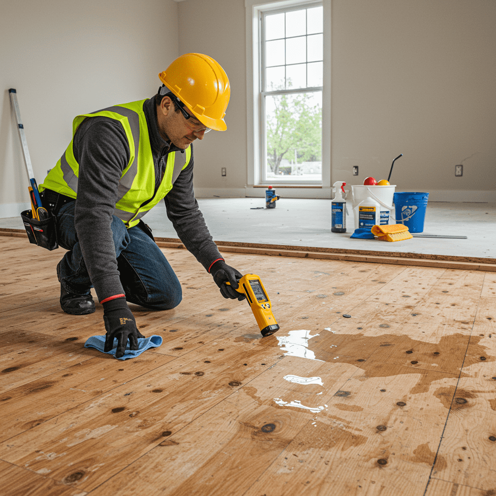 A realistic indoor scene showing a construction worker inspecting a plywood subfloor with a moisture meter to check for dampness before carpet installation. The room is well-lit and well-ventilated, with windows open or a fan running in the background. In one corner, cleaning supplies like a spray bottle and rag suggest prior mold removal. The focus is on cleanliness, safety, and moisture prevention. No text or labels in the image.