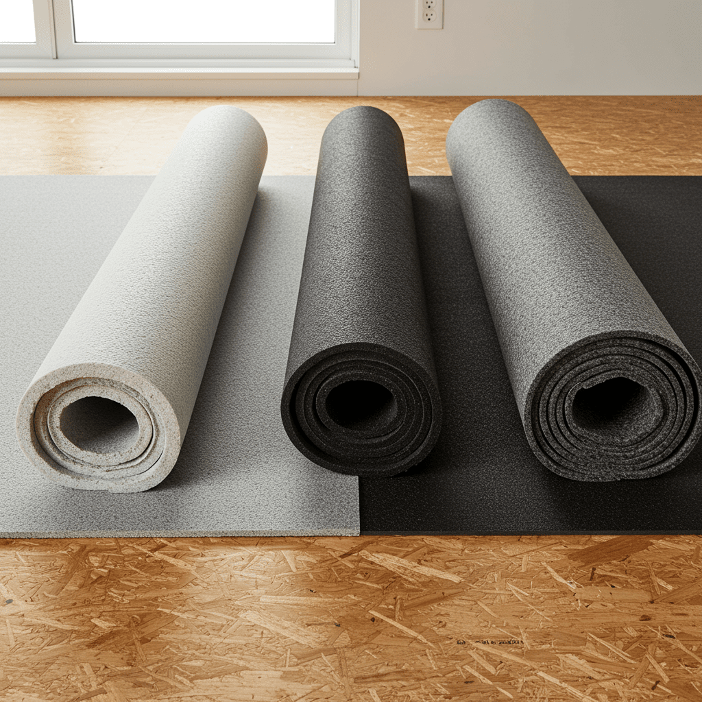 A realistic scene displaying three distinct rolls of carpet underlayment laid out side-by-side on a clean plywood subfloor. One is foam (light and spongy-looking), one is dense black rubber, and one is thick felt made from recycled fibers. Each roll is partially unrolled to show texture and thickness. The setting is a bright interior room under renovation. No text or labels in the image.