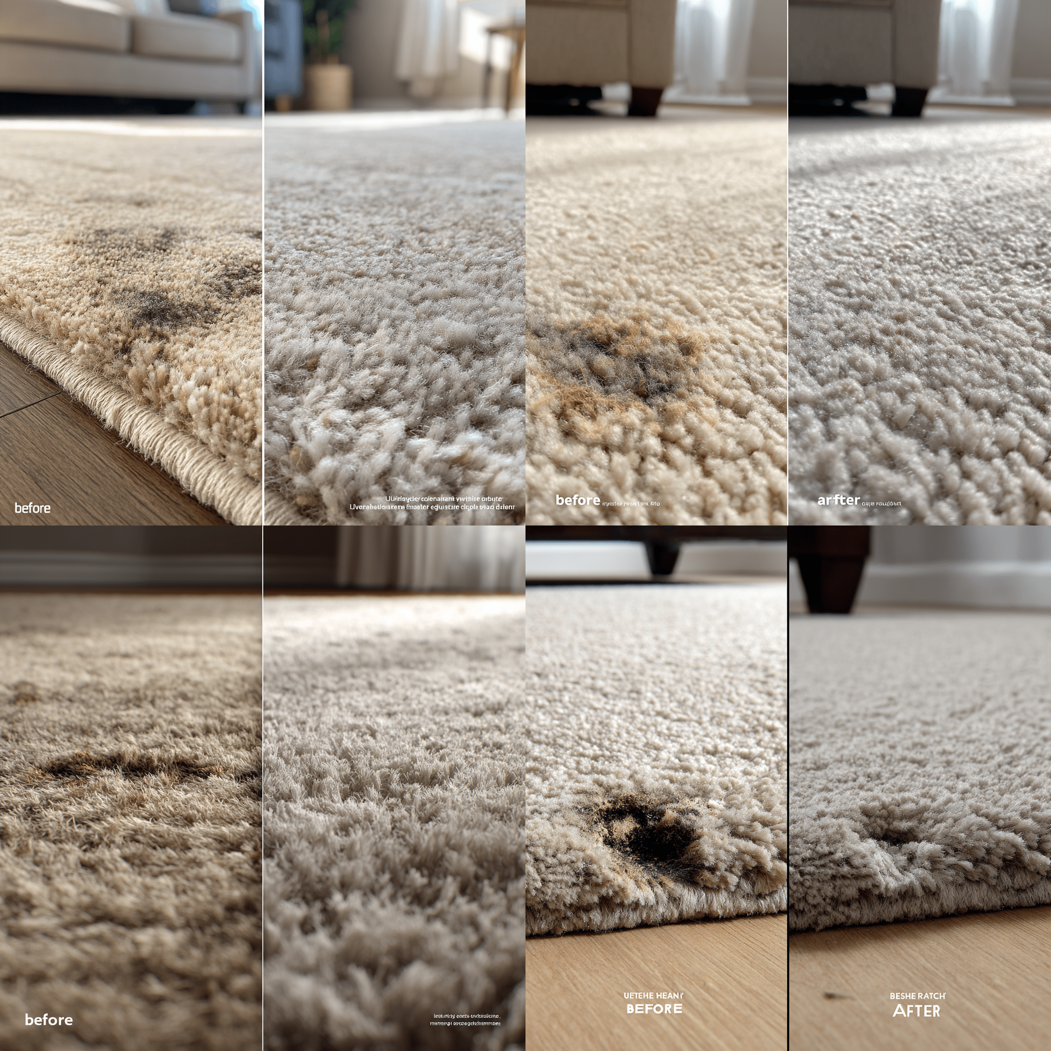 A side-by-side, photorealistic comparison showing before and after images of a carpet burn repair. The left side shows a damaged carpet with visible burn marks—either a dark scorch, melted fibers, or a small hole. The right side shows the same area fully repaired, with no visible signs of damage.